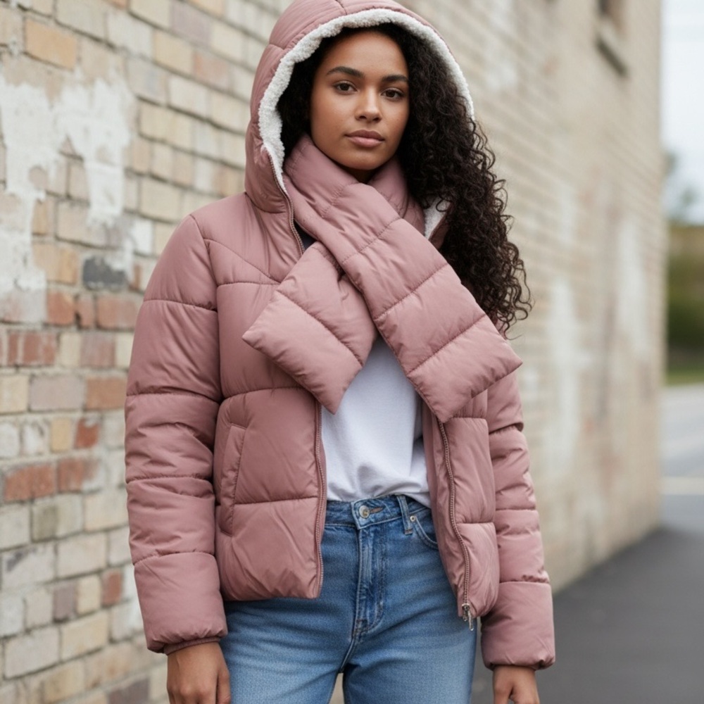 (NWT) Madden Girl Women’s Hooded Puffer w/ Detachable Scarf in Dusty Pink, Small